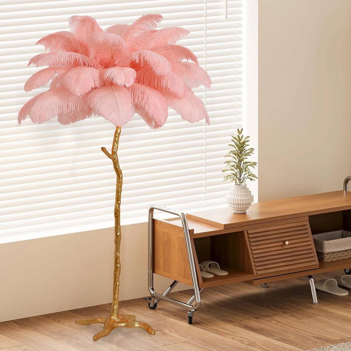 Luxury Resin Ostrich Feather Lamp, 35 Pieces Real Ostrich Feathers,Floor Light for Living Room, Bedroom and Office 67” Tall Feather Lamp(Pink, Floor Lamp)