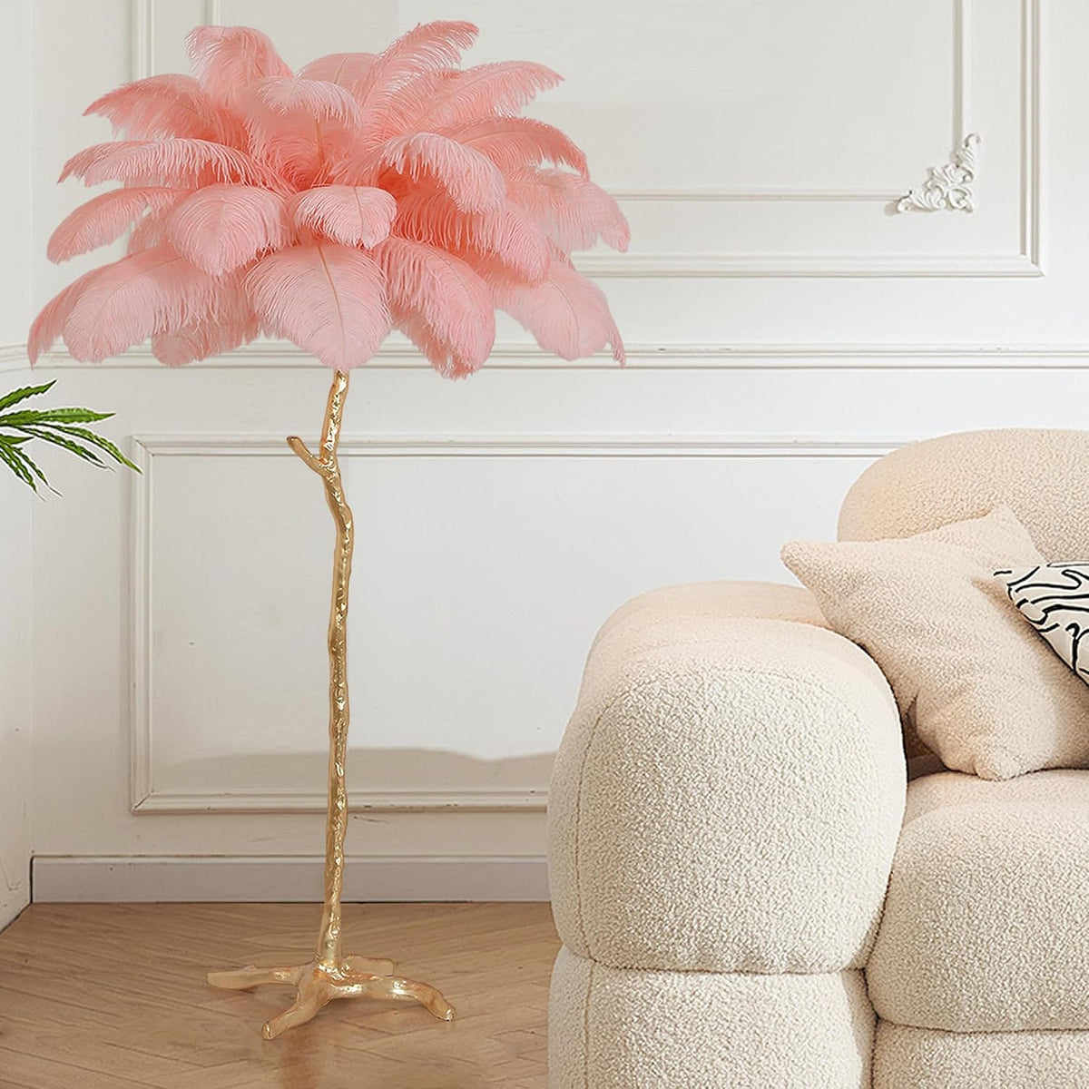 Luxury Resin Ostrich Feather Lamp, 35 Pieces Real Ostrich Feathers,Floor Light for Living Room, Bedroom and Office 67” Tall Feather Lamp(Pink, Floor Lamp)
