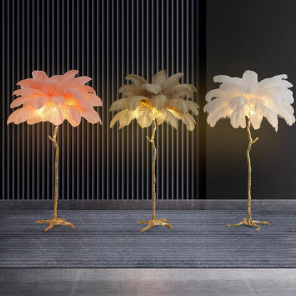Luxury Resin Ostrich Feather Lamp, 35 Pieces Real Ostrich Feathers,Floor Light for Living Room, Bedroom and Office 67” Tall Feather Lamp(Pink, Floor Lamp)