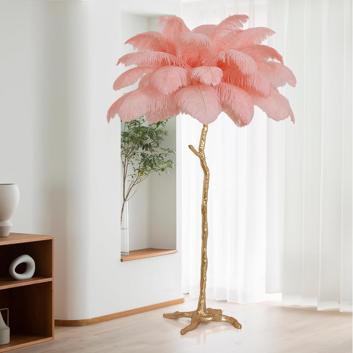 Luxury Resin Ostrich Feather Lamp, 35 Pieces Real Ostrich Feathers,Floor Light for Living Room, Bedroom and Office 67” Tall Feather Lamp(Pink, Floor Lamp)