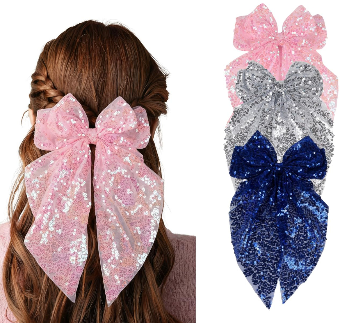 3 Pcs Sparkling Big Hair Bow Clips for Women Girls Large Cheer Bow Hair Accessories,Silver Pink Navy Hair Bow Clips