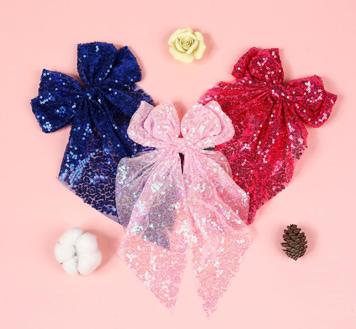 3 Pcs Sparkling Big Hair Bow Clips for Women Girls Large Cheer Bow Hair Accessories,Silver Pink Navy Hair Bow Clips