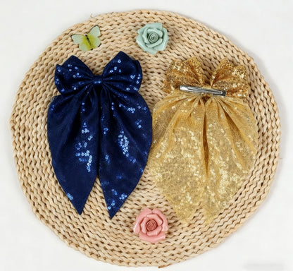 3 Pcs Sparkling Big Hair Bow Clips for Women Girls Large Cheer Bow Hair Accessories,Silver Pink Navy Hair Bow Clips