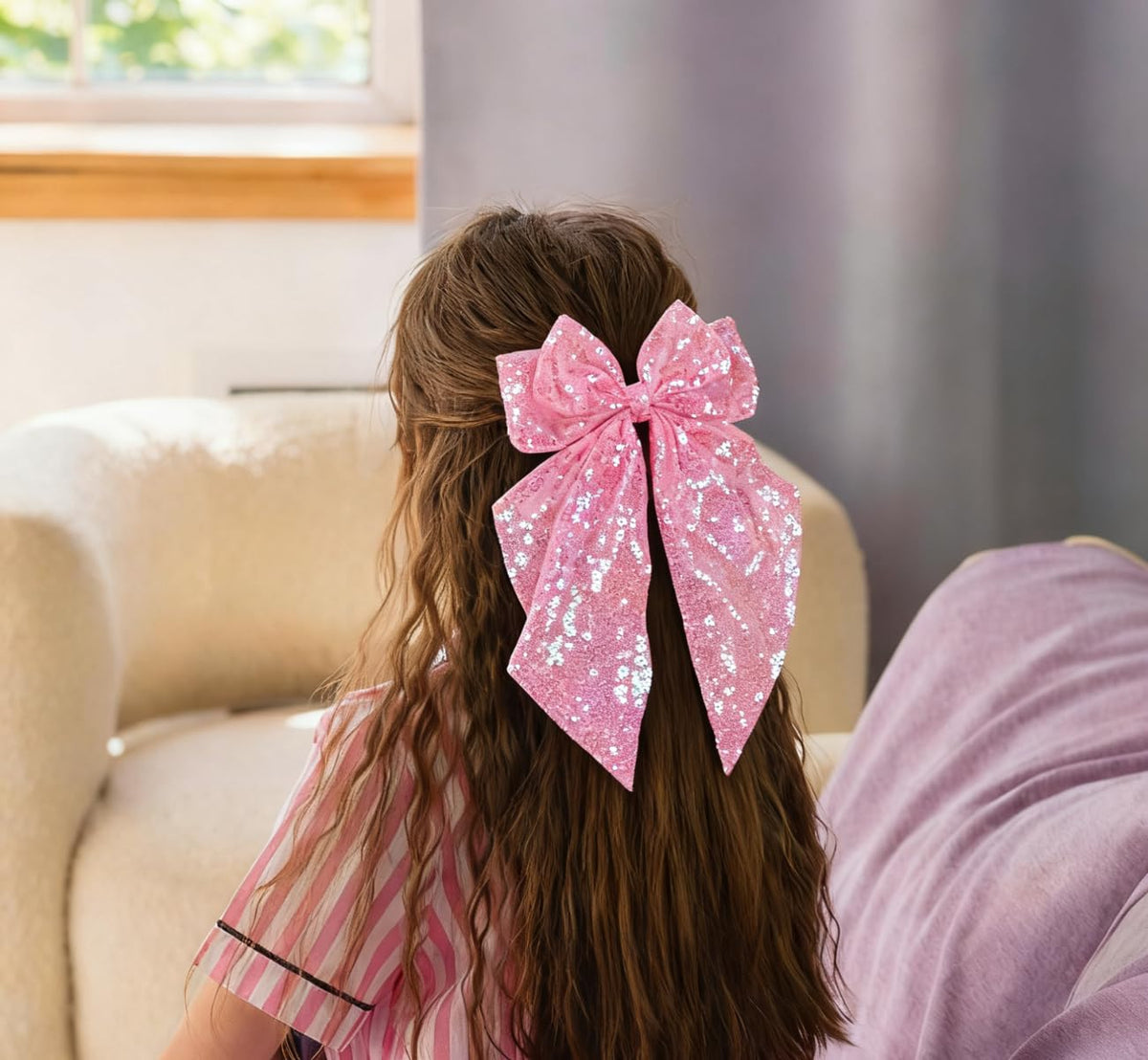 3 Pcs Sparkling Big Hair Bow Clips for Women Girls Large Cheer Bow Hair Accessories,Silver Pink Navy Hair Bow Clips