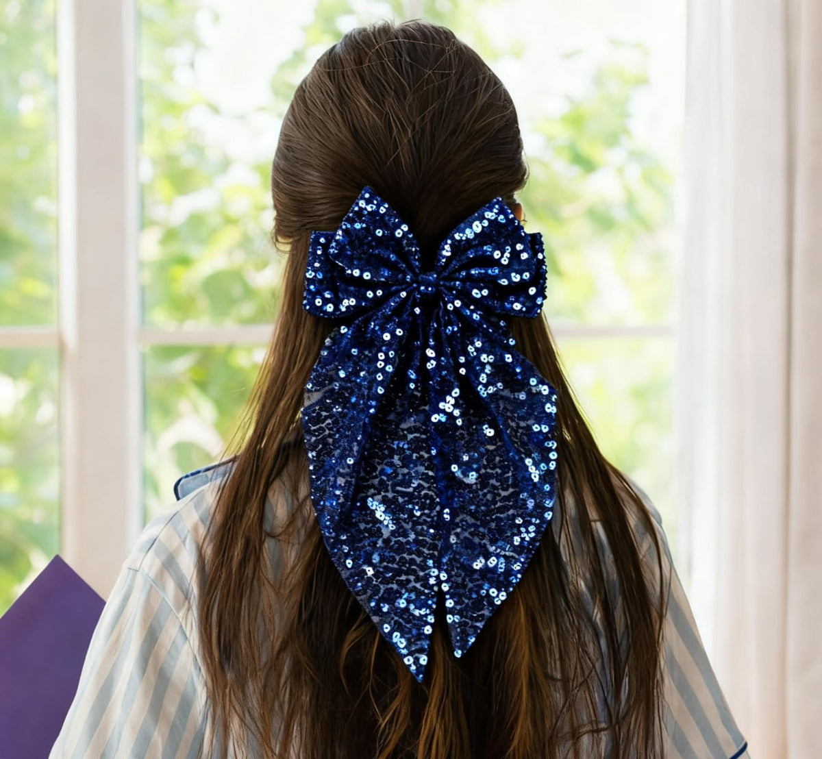 3 Pcs Sparkling Big Hair Bow Clips for Women Girls Large Cheer Bow Hair Accessories,Silver Pink Navy Hair Bow Clips