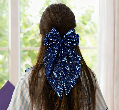 3 Pcs Sparkling Big Hair Bow Clips for Women Girls Large Cheer Bow Hair Accessories,Silver Pink Navy Hair Bow Clips