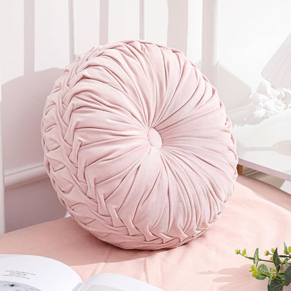 1 Pcs Round Throw Velvet Pillows Decorative Pleated Throw Pillows Diameter Accent Pumpkin Boho Chair Cushion for Couch Sofa Home Decoration (Pink,15'')