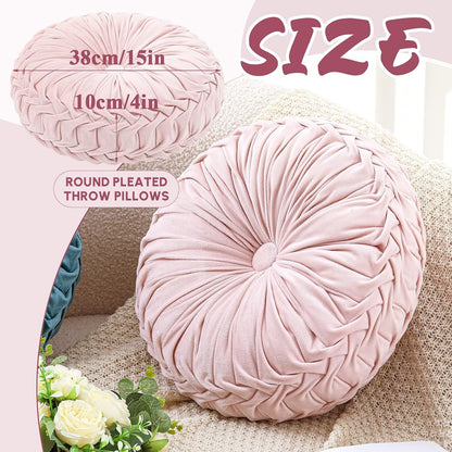 1 Pcs Round Throw Velvet Pillows Decorative Pleated Throw Pillows Diameter Accent Pumpkin Boho Chair Cushion for Couch Sofa Home Decoration (Pink,15'')