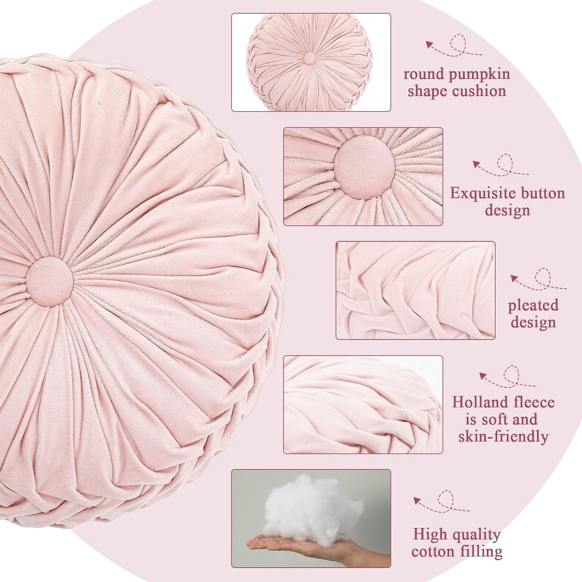 1 Pcs Round Throw Velvet Pillows Decorative Pleated Throw Pillows Diameter Accent Pumpkin Boho Chair Cushion for Couch Sofa Home Decoration (Pink,15'')