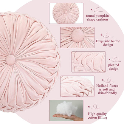 1 Pcs Round Throw Velvet Pillows Decorative Pleated Throw Pillows Diameter Accent Pumpkin Boho Chair Cushion for Couch Sofa Home Decoration (Pink,15'')