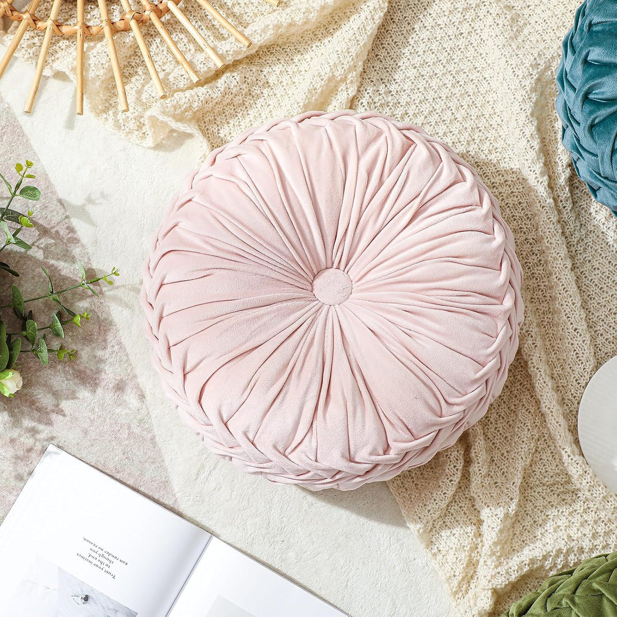 1 Pcs Round Throw Velvet Pillows Decorative Pleated Throw Pillows Diameter Accent Pumpkin Boho Chair Cushion for Couch Sofa Home Decoration (Pink,15'')
