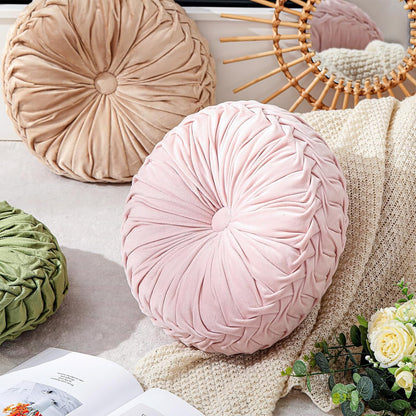 1 Pcs Round Throw Velvet Pillows Decorative Pleated Throw Pillows Diameter Accent Pumpkin Boho Chair Cushion for Couch Sofa Home Decoration (Pink,15'')