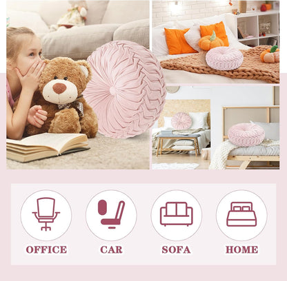 1 Pcs Round Throw Velvet Pillows Decorative Pleated Throw Pillows Diameter Accent Pumpkin Boho Chair Cushion for Couch Sofa Home Decoration (Pink,15'')