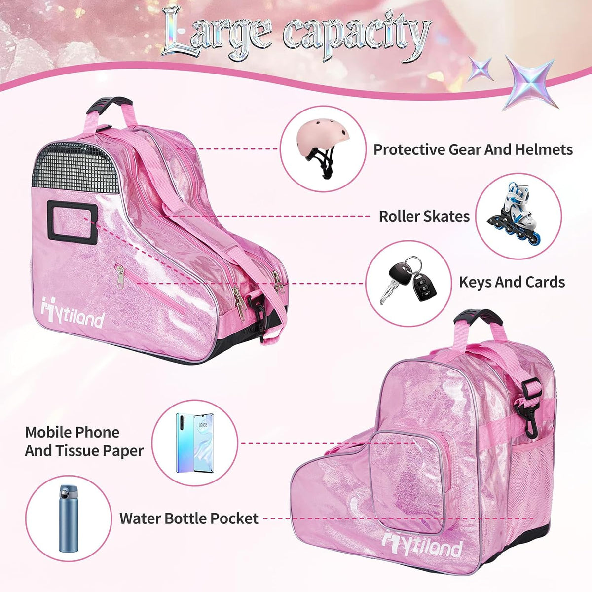 Roller Skate Bag for Inline Skates Ice Skates and Figure Skating Stylish Plain Holographic Fashion Design Spacious Big Capacity Breathable Mesh Waterproof Durable for Women and Youth