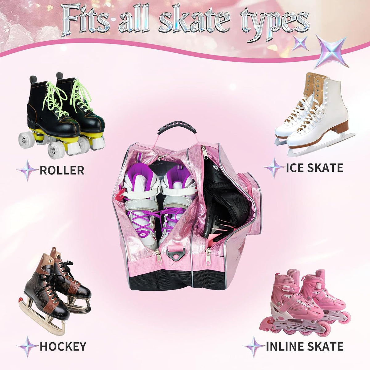 Roller Skate Bag for Inline Skates Ice Skates and Figure Skating Stylish Plain Holographic Fashion Design Spacious Big Capacity Breathable Mesh Waterproof Durable for Women and Youth