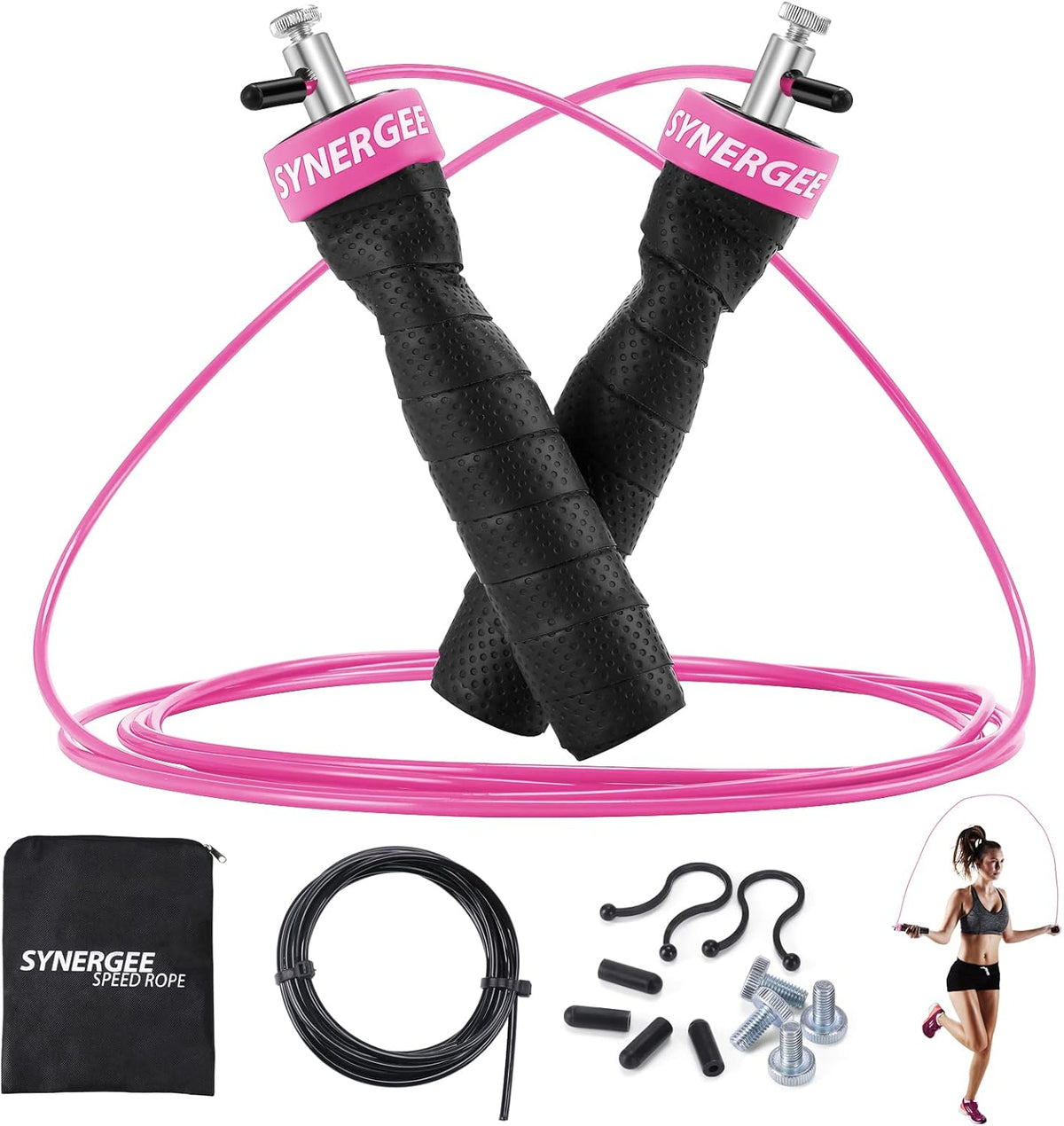Hot Pink Jump Rope - (2) Adjustable 10 Ft Cable - Steel Ball Bearings - For CrossFit, MMA, Boxing & Fitness, Anti-Slip Handles