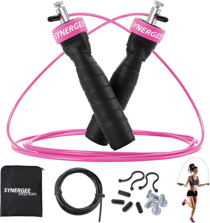 Hot Pink Jump Rope - (2) Adjustable 10 Ft Cable - Steel Ball Bearings - For CrossFit, MMA, Boxing & Fitness, Anti-Slip Handles