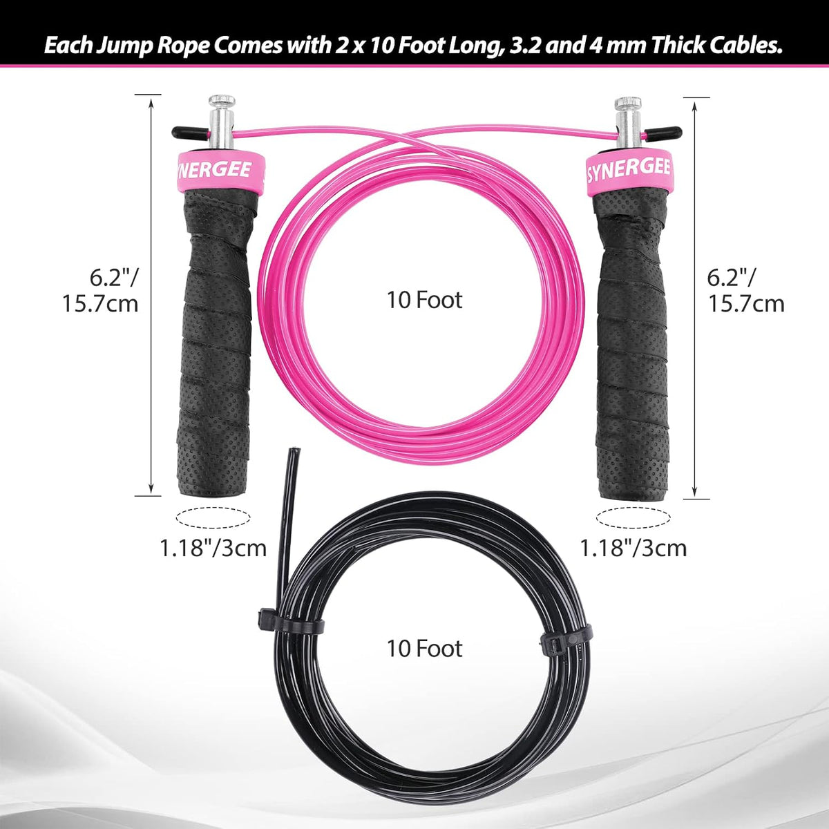 Hot Pink Jump Rope - (2) Adjustable 10 Ft Cable - Steel Ball Bearings - For CrossFit, MMA, Boxing & Fitness, Anti-Slip Handles