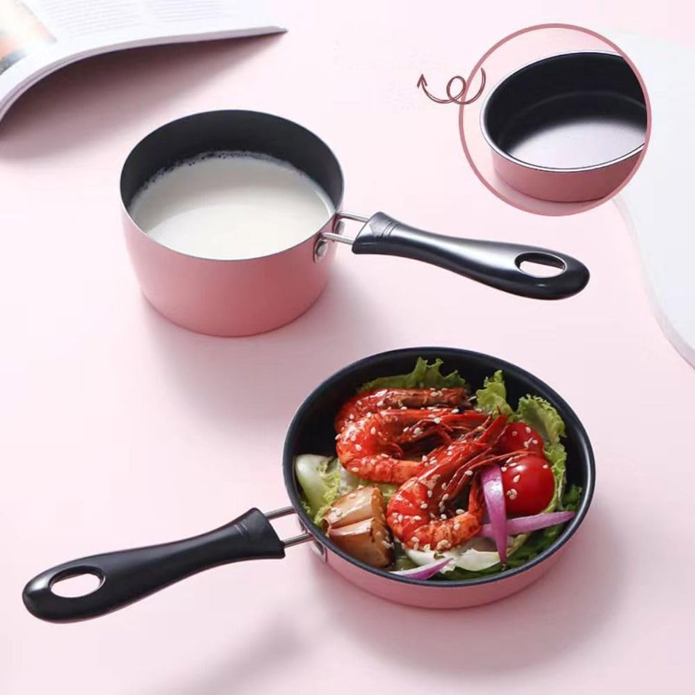 Mini Milk Coffee Warmer Nonstick Saucepan Milk Chocolate Coffee Butter Warmer with Handle Milk Pot Stockpot(Pink&Black)