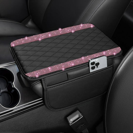 Bling Car Center Console Cover, Leather Car Arm Rest Cover Cushion with 2 Storage Bags, Middle Console Cover Universal Armrest Protector Pads, Bling Accessories for Most Vehicles (Pink)
