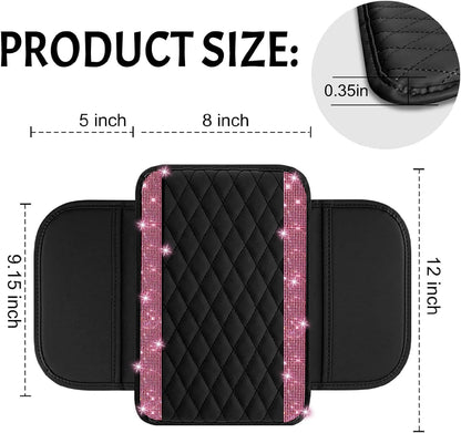 Bling Car Center Console Cover, Leather Car Arm Rest Cover Cushion with 2 Storage Bags, Middle Console Cover Universal Armrest Protector Pads, Bling Accessories for Most Vehicles (Pink)