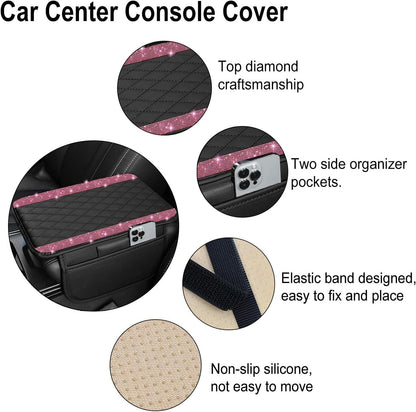 Bling Car Center Console Cover, Leather Car Arm Rest Cover Cushion with 2 Storage Bags, Middle Console Cover Universal Armrest Protector Pads, Bling Accessories for Most Vehicles (Pink)