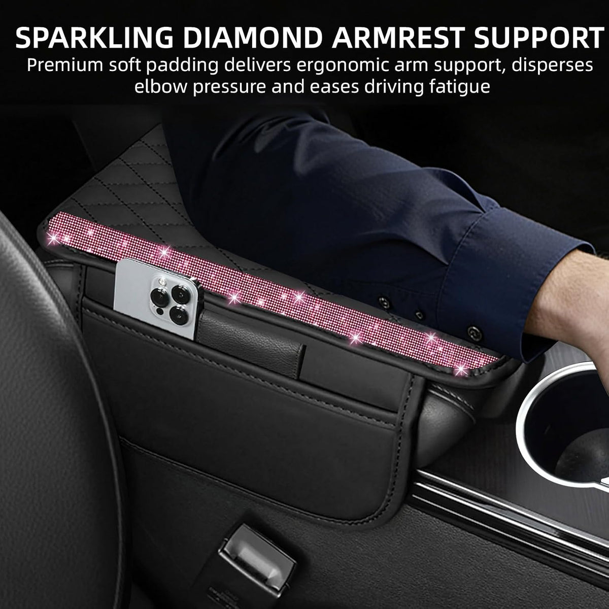 Bling Car Center Console Cover, Leather Car Arm Rest Cover Cushion with 2 Storage Bags, Middle Console Cover Universal Armrest Protector Pads, Bling Accessories for Most Vehicles (Pink)