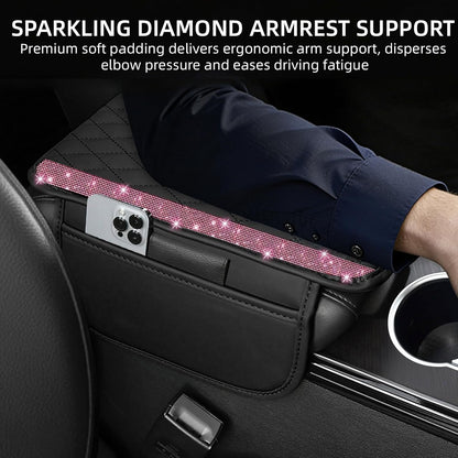 Bling Car Center Console Cover, Leather Car Arm Rest Cover Cushion with 2 Storage Bags, Middle Console Cover Universal Armrest Protector Pads, Bling Accessories for Most Vehicles (Pink)