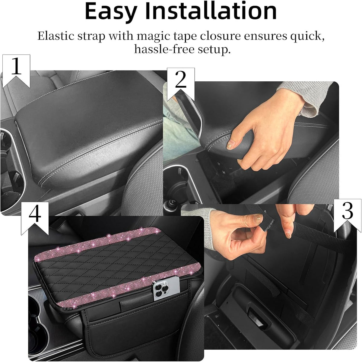Bling Car Center Console Cover, Leather Car Arm Rest Cover Cushion with 2 Storage Bags, Middle Console Cover Universal Armrest Protector Pads, Bling Accessories for Most Vehicles (Pink)