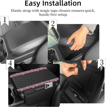 Bling Car Center Console Cover, Leather Car Arm Rest Cover Cushion with 2 Storage Bags, Middle Console Cover Universal Armrest Protector Pads, Bling Accessories for Most Vehicles (Pink)