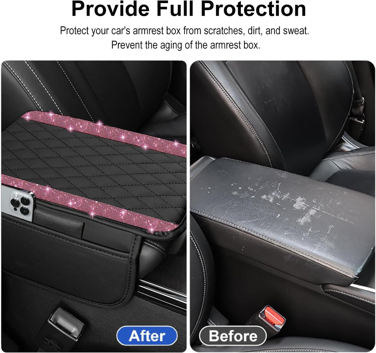 Bling Car Center Console Cover, Leather Car Arm Rest Cover Cushion with 2 Storage Bags, Middle Console Cover Universal Armrest Protector Pads, Bling Accessories for Most Vehicles (Pink)