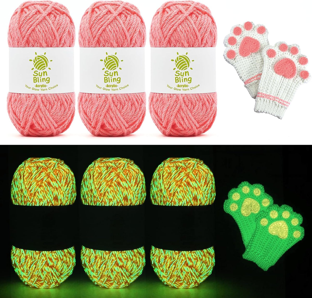 Crochet Yarn Glow in The Dark, Luminous 3 Pack of 5.29Oz/230Yards Acrylic Yarn for Handicraft Knitting, Light#3 Worsted Yarns Ideal for Beginners Adults, DIY Birthday Gifts for Women (Peach)
