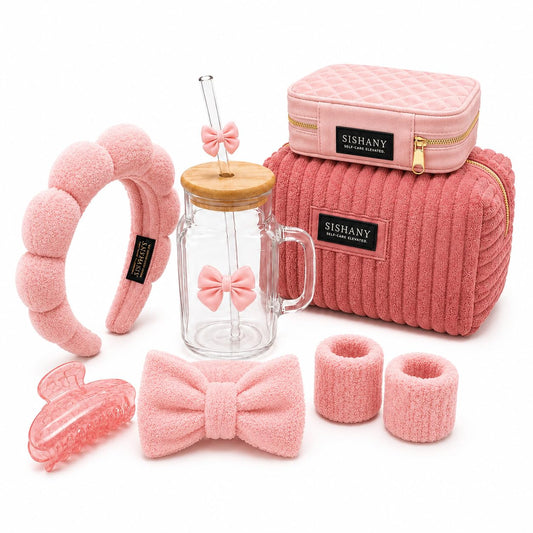 Self Care Gift Set for Women, Aesthetic Travel Gift Box with Makeup Bag, Jewelry Case, Glass Tumbler, Velvet Headband, Spa Bow Headband, Spa Wristbands & Marble Claw Hair Clip (Pink)