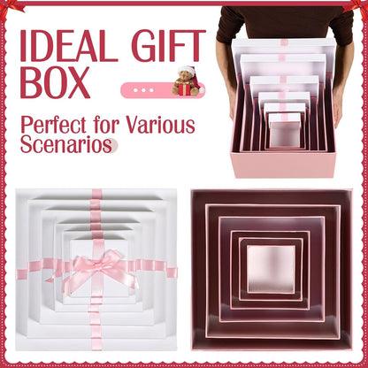 Chivertion 6 Pack Large Nesting Gift Boxes with Lid Ribbon 6 Size Square Gift Wrapping Stacking Boxes for Wedding Bridal Birthday Party Decorative(Pink)