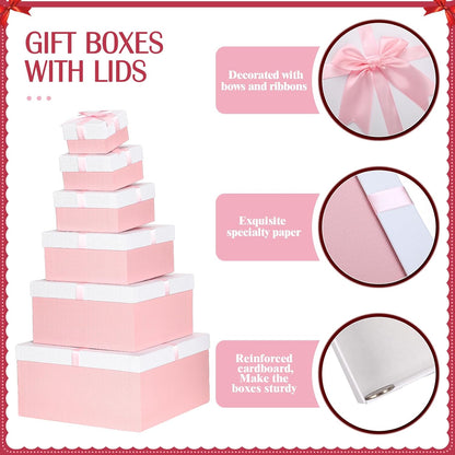 Chivertion 6 Pack Large Nesting Gift Boxes with Lid Ribbon 6 Size Square Gift Wrapping Stacking Boxes for Wedding Bridal Birthday Party Decorative(Pink)