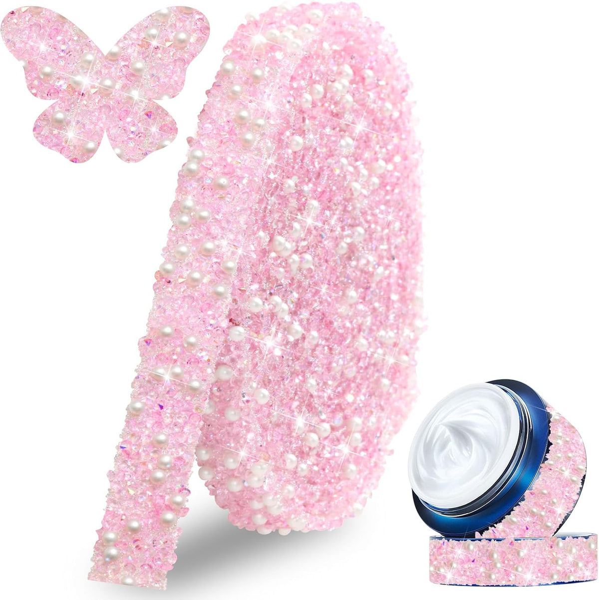 3 Yards Pearl Rhinestone Ribbon Roll Pink Crystal Trim Sticker