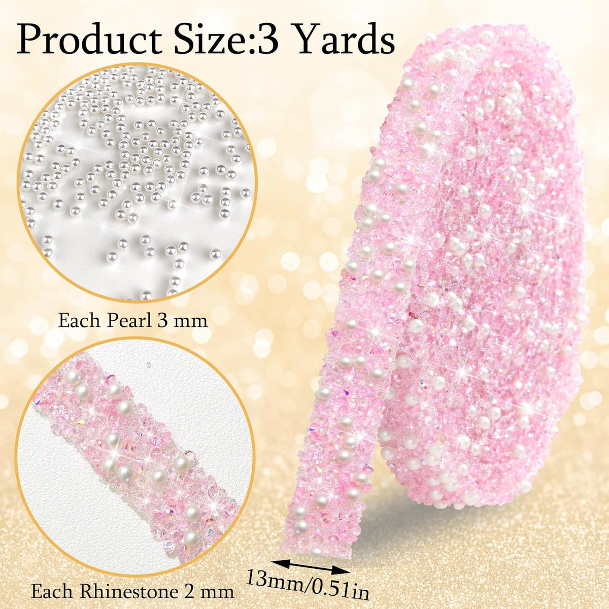 3 Yards Pearl Rhinestone Ribbon Roll Pink Crystal Trim Sticker