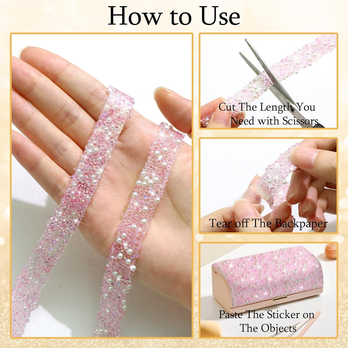 3 Yards Pearl Rhinestone Ribbon Roll Pink Crystal Trim Sticker