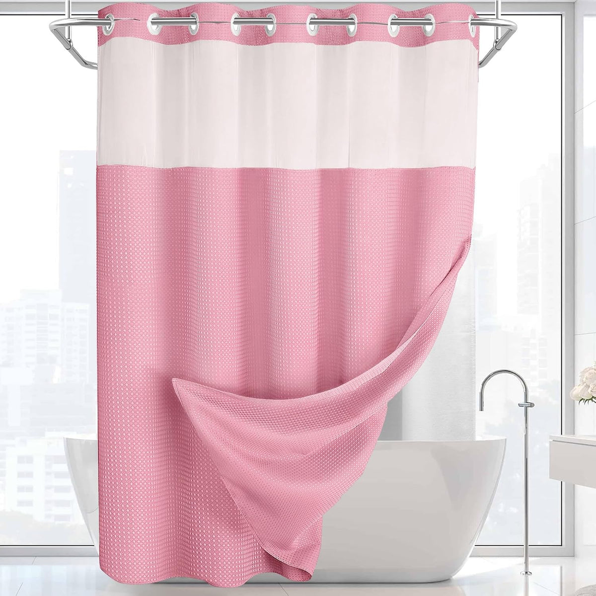 No Hook Shower Curtain with Liner Set Hotel Waffle Blush Pink 72W X 75L