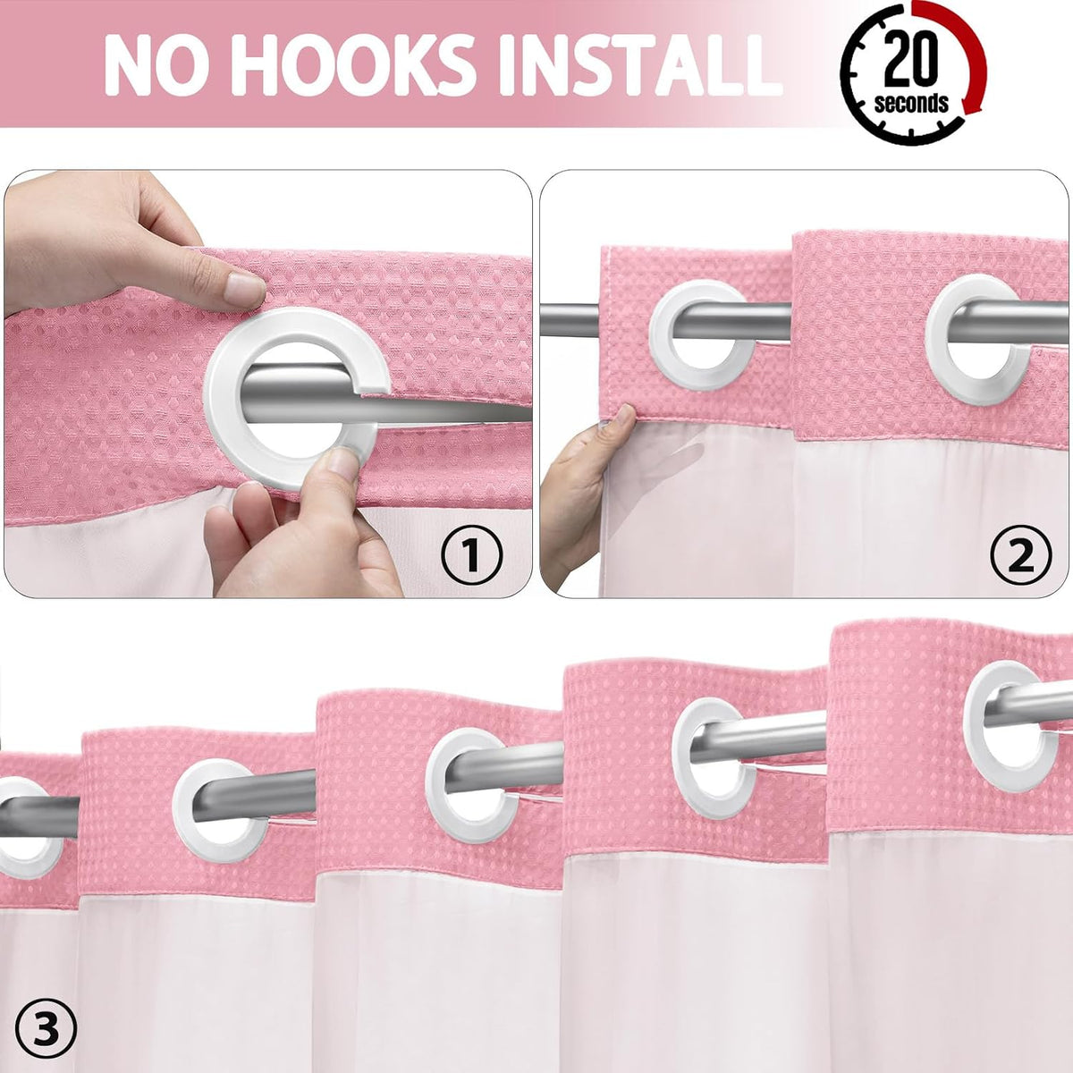 No Hook Shower Curtain with Liner Set Hotel Waffle Blush Pink 72W X 75L