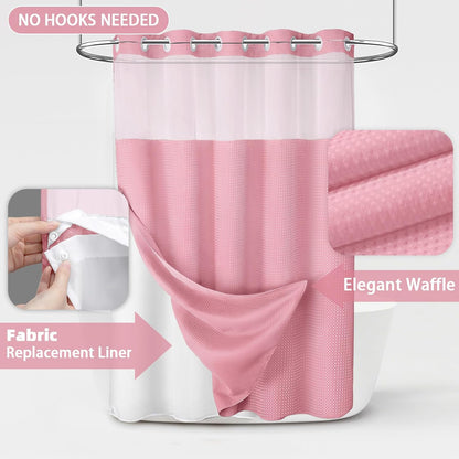 No Hook Shower Curtain with Liner Set Hotel Waffle Blush Pink 72W X 75L