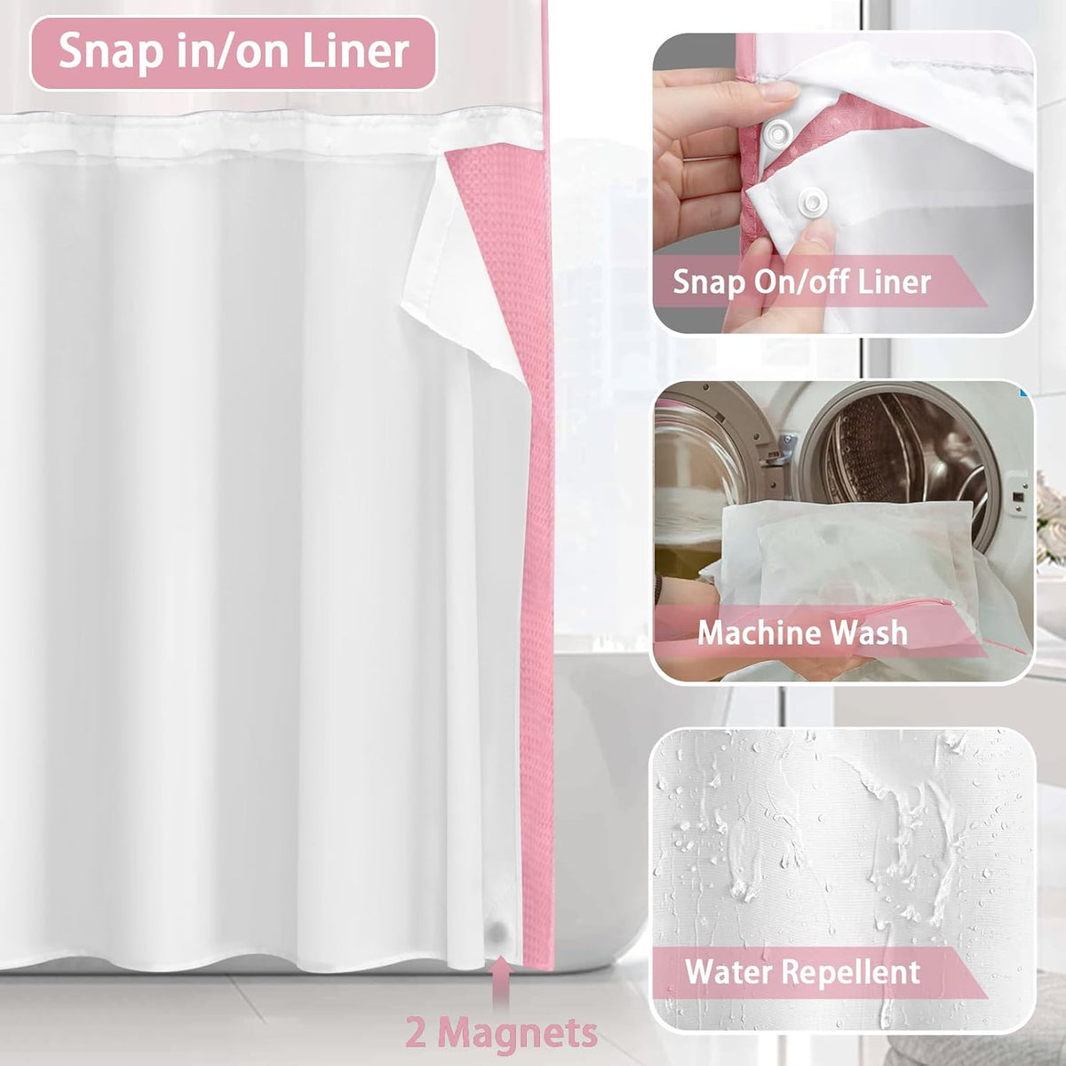 No Hook Shower Curtain with Liner Set Hotel Waffle Blush Pink 72W X 75L
