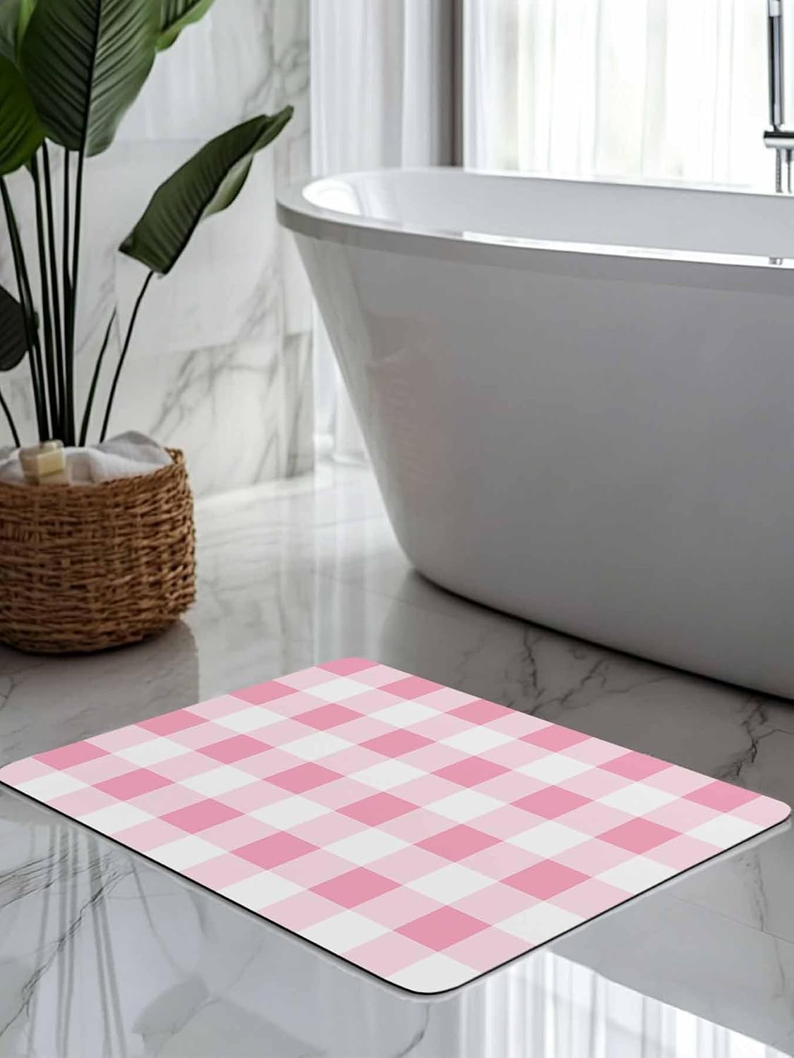 Bath Rugs, Pink Gradient Buffalo Check Absorbent Diatomaceous Earth Bath Mat Quick Drying Non Slip Washable Shower Mat 16x24IN, Modern Geometric Grid Doormat for Bathtub Kitchen Living Room