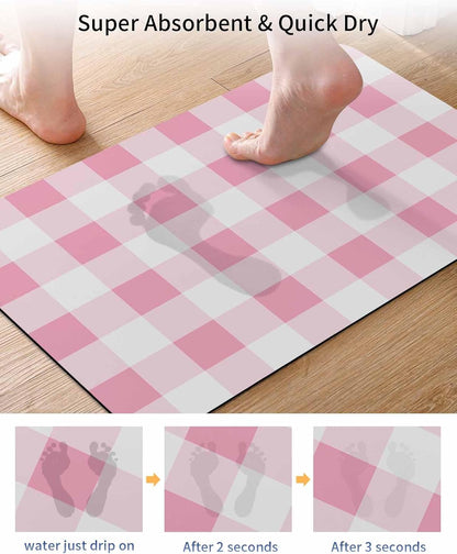 Bath Rugs, Pink Gradient Buffalo Check Absorbent Diatomaceous Earth Bath Mat Quick Drying Non Slip Washable Shower Mat 16x24IN, Modern Geometric Grid Doormat for Bathtub Kitchen Living Room
