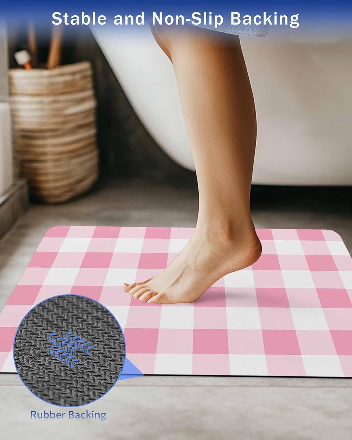 Bath Rugs, Pink Gradient Buffalo Check Absorbent Diatomaceous Earth Bath Mat Quick Drying Non Slip Washable Shower Mat 16x24IN, Modern Geometric Grid Doormat for Bathtub Kitchen Living Room