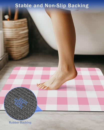 Bath Rugs, Pink Gradient Buffalo Check Absorbent Diatomaceous Earth Bath Mat Quick Drying Non Slip Washable Shower Mat 16x24IN, Modern Geometric Grid Doormat for Bathtub Kitchen Living Room