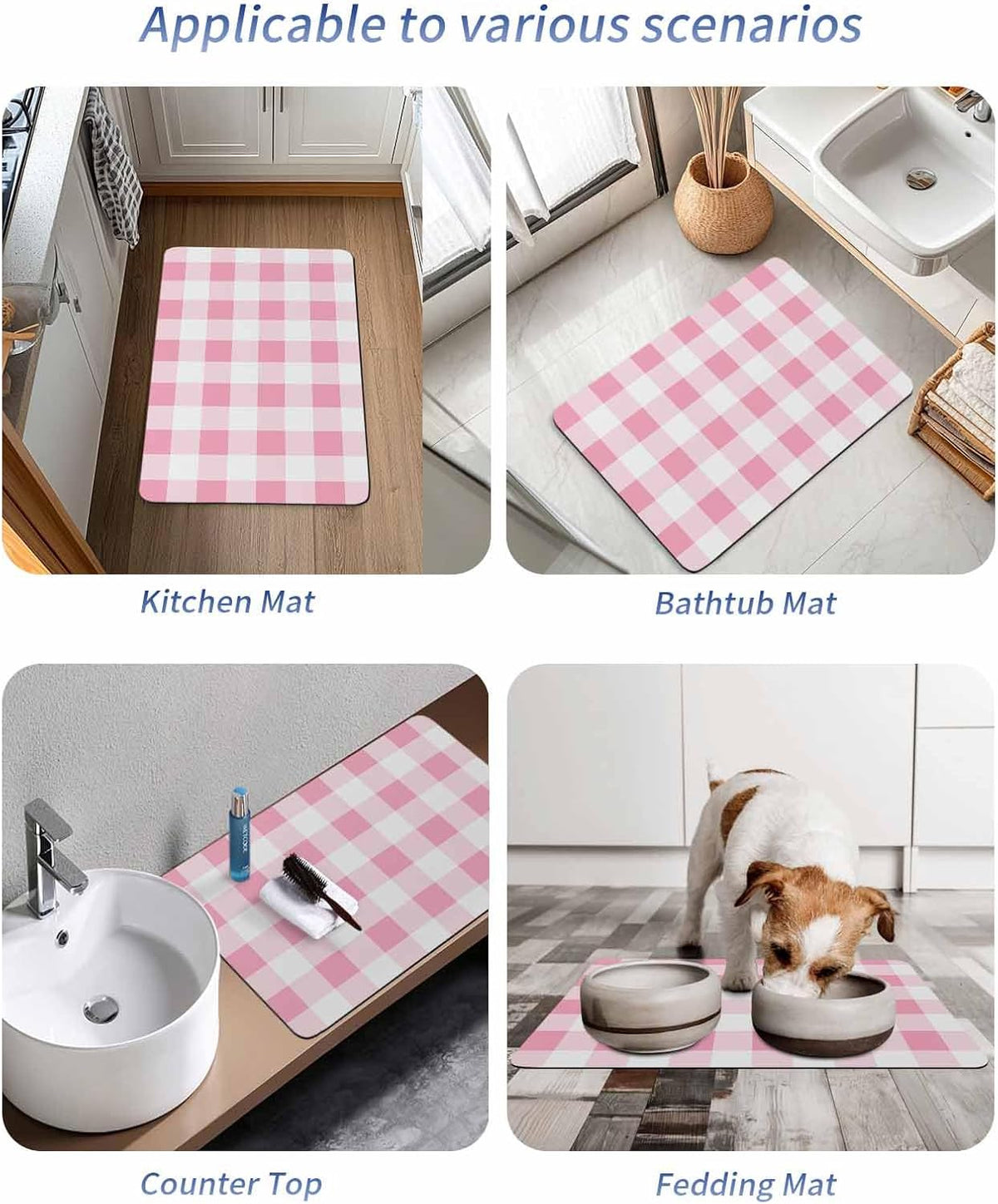 Bath Rugs, Pink Gradient Buffalo Check Absorbent Diatomaceous Earth Bath Mat Quick Drying Non Slip Washable Shower Mat 16x24IN, Modern Geometric Grid Doormat for Bathtub Kitchen Living Room