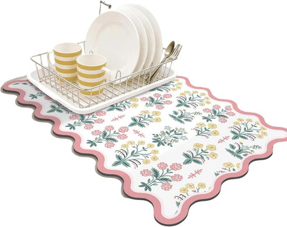 Scalloped Floral Dish Drying Mat, 12"X20" Super Absorbent Coffee Mat with Unique Pink Pastoral Floral, Cuttable Hide Stain Non-Slip Drying Mat for Kitchen Counter Coffee Maker Espresso Machine