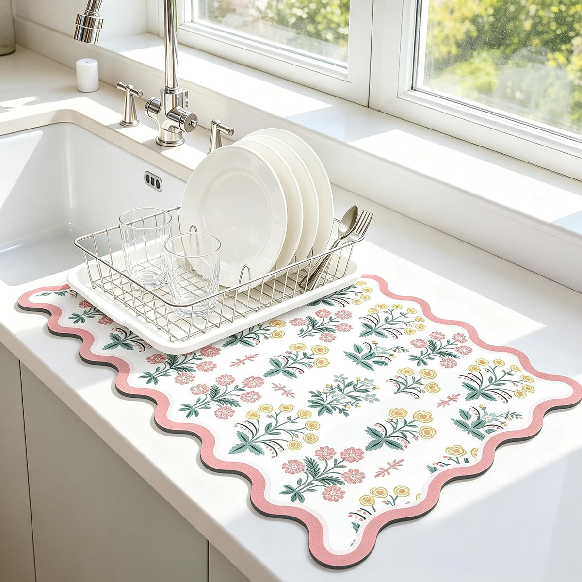 Scalloped Floral Dish Drying Mat, 12"X20" Super Absorbent Coffee Mat with Unique Pink Pastoral Floral, Cuttable Hide Stain Non-Slip Drying Mat for Kitchen Counter Coffee Maker Espresso Machine