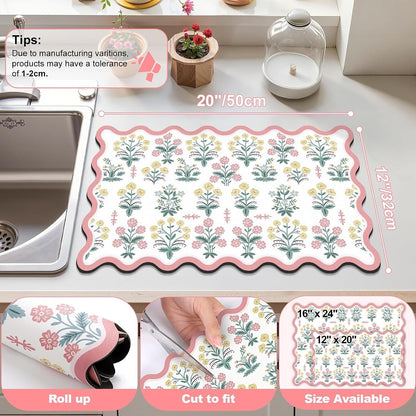 Scalloped Floral Dish Drying Mat, 12"X20" Super Absorbent Coffee Mat with Unique Pink Pastoral Floral, Cuttable Hide Stain Non-Slip Drying Mat for Kitchen Counter Coffee Maker Espresso Machine